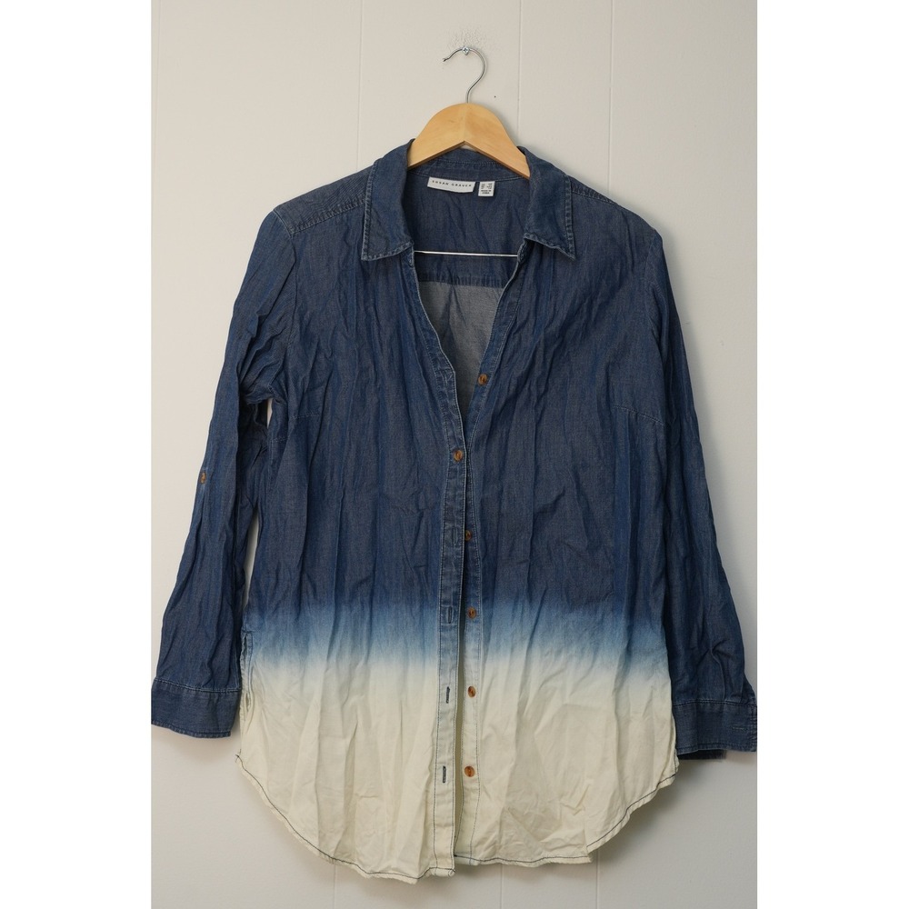 Susan Graver Button Front Shirt Womens Medium Petite Blue Ombre Dip Dye Roll Tab
